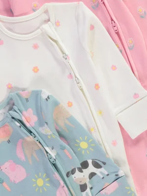 Farm Animal Zip Fasten Sleepsuits 3 Packk
