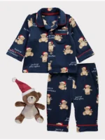 Pizhama Krishtlindjesh me material të butë, me arush Santa ngjyrë blu dhe lodër të përfshirë