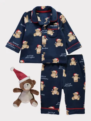 Pizhama Krishtlindjesh me material të butë, me arush Santa ngjyrë blu dhe lodër të përfshirë
