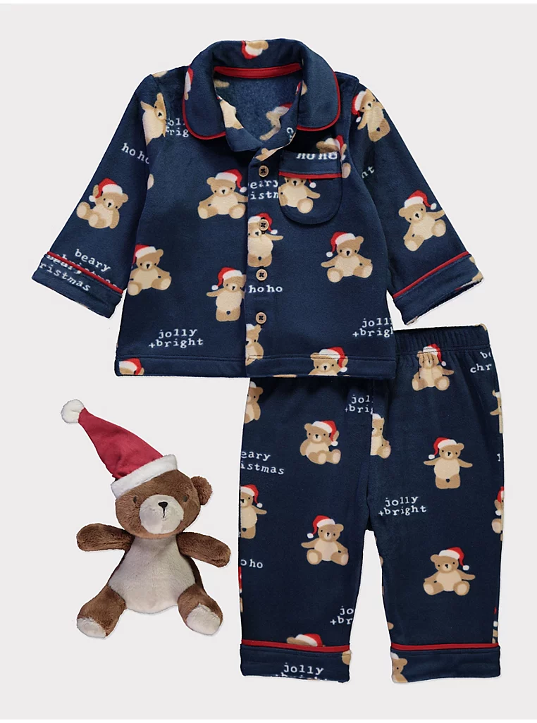 Pizhama Krishtlindjesh me material të butë, me arush Santa ngjyrë blu dhe lodër të përfshirë