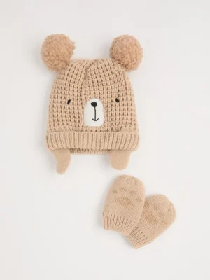 Set Kapelë dhe Dorëza me Pom-Pom, me Dizajn Tedi Dhe Ngjyrë Kafe