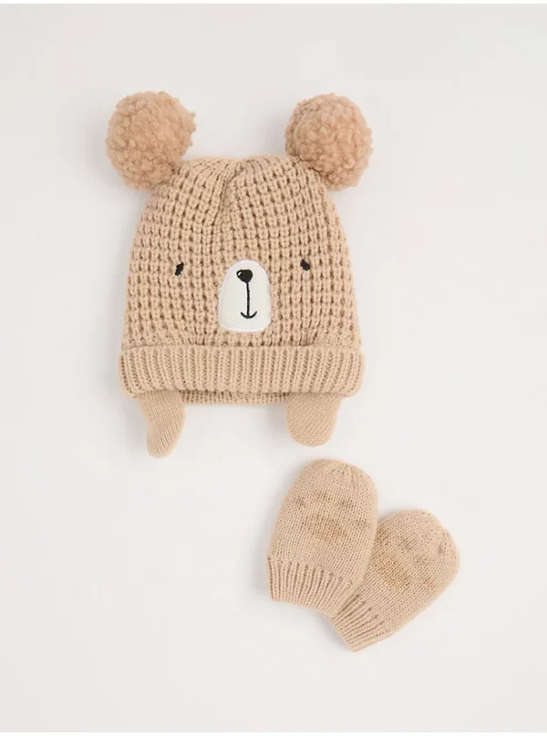 Set Kapelë dhe Dorëza me Pom-Pom, me Dizajn Tedi Dhe Ngjyrë Kafe