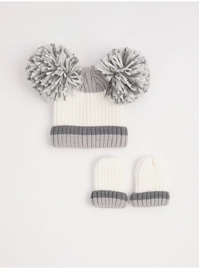 Set Kapelë dhe Dorëza të Gërshetuara me Bobble, me Vija në Ngjyrë Gri