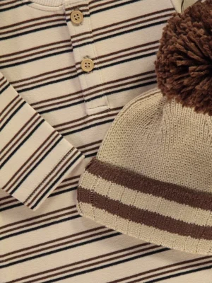 Beige Striped All In One and Bobble Hat Sett