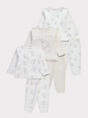 Pizhame me Mëngë të Gjata për Fëmijë – 3 Pako, Disney Dumbo, Ngjyra Neutrale