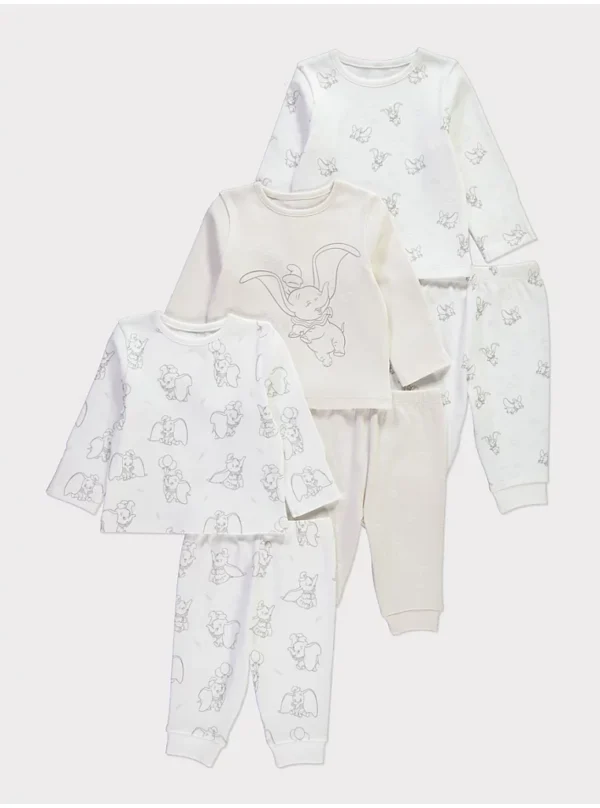 Pizhame me Mëngë të Gjata për Fëmijë – 3 Pako, Disney Dumbo, Ngjyra Neutrale