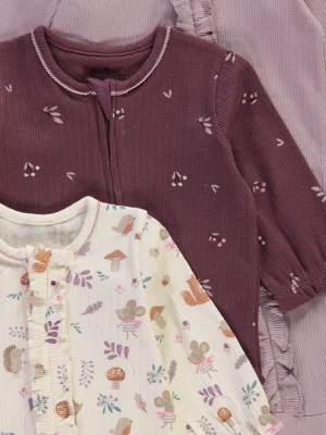 Frill Woodland Ribbed Zip Fasten Sleepsuits 3 Packd