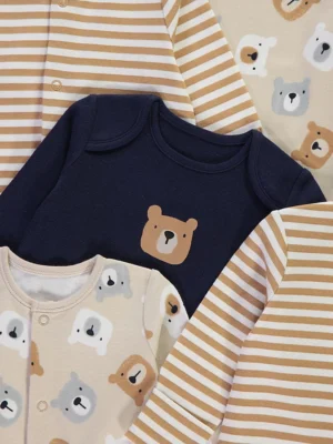 Teddy Bear Stipe Long Sleeve Sleepsuits 5 packh