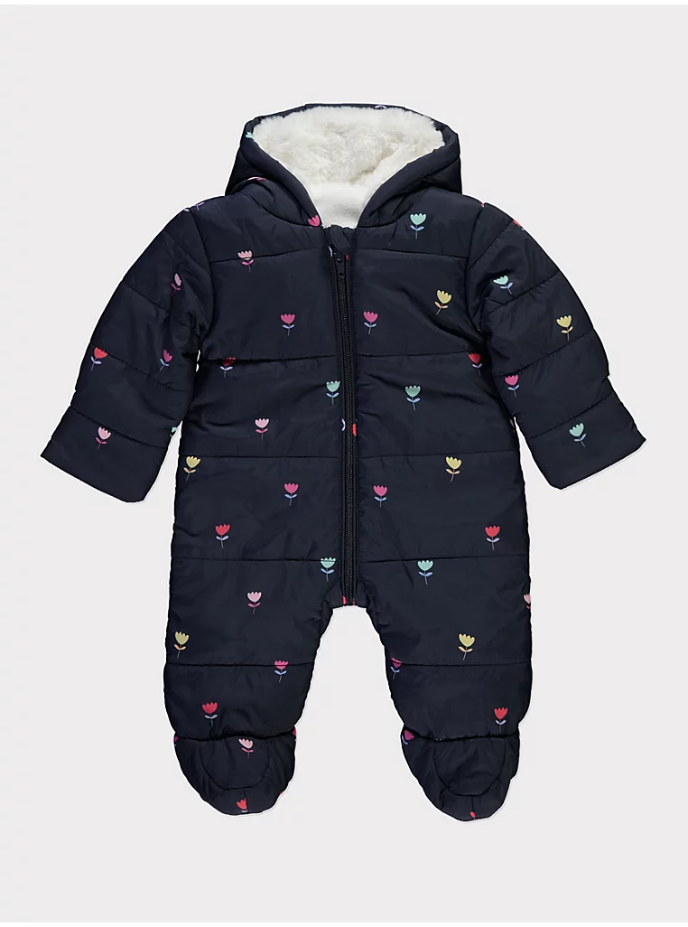 Xhup dimri blu e errët me kapuç, me motiv tulipash lulesh