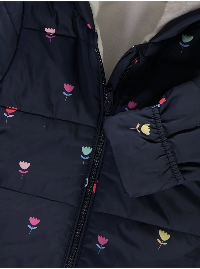 Xhup dimri blu e errët me kapuç, me motiv tulipash lulesh