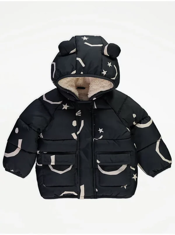 Jaknë e mbushur me kapuç, me pelush të brendshëm dhe grafikë Smiley – ngjyrë e zezë