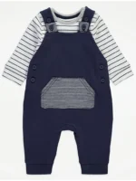 Veshje me bodysuit blu me vija dhe pantallona dungarees