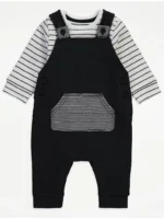 Veshje me bodysuit me vija të zeza dhe dungare (tutina me rripa)