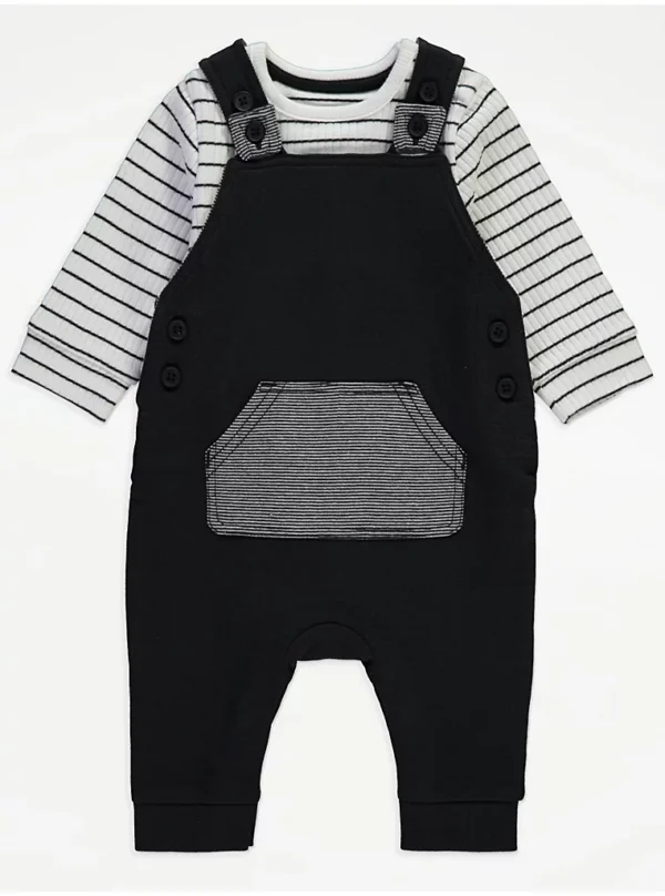 Veshje me bodysuit me vija të zeza dhe dungare (tutina me rripa)