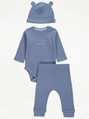 Set blu për fëmijë: Bodysuit i kopsitur, pantallona dhe kapelë