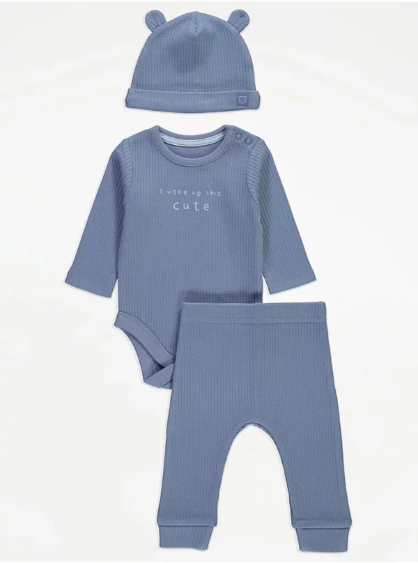 Set blu për fëmijë: Bodysuit i kopsitur, pantallona dhe kapelë