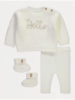 Set krem me pulovër të thurur, leggins dhe çorape-shputulla, model ‘Hello’