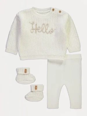 Set krem me pulovër të thurur, leggins dhe çorape-shputulla, model ‘Hello’