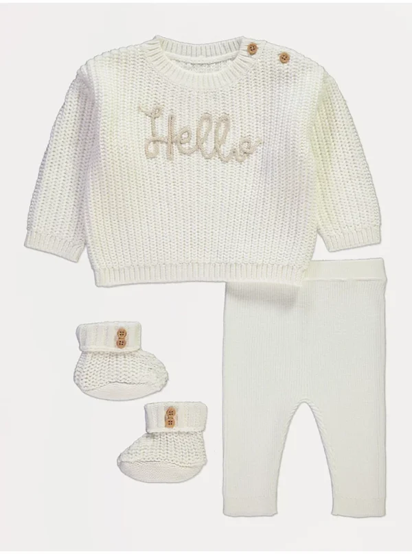 Set krem me pulovër të thurur, leggins dhe çorape-shputulla, model ‘Hello’