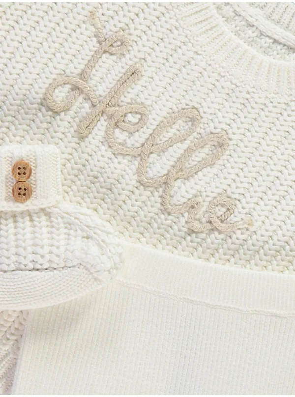 Set krem me pulovër të thurur, leggins dhe çorape-shputulla, model ‘Hello’