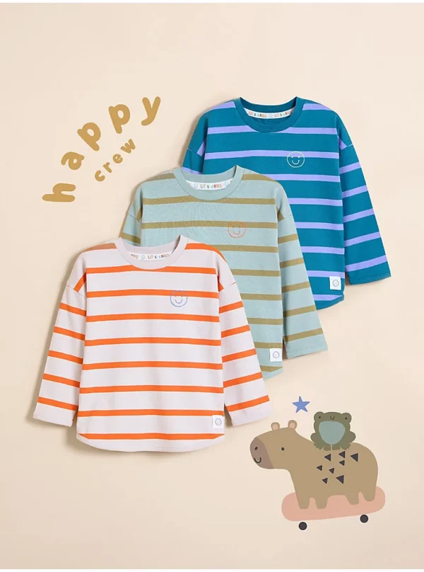 Set 3 copësh Little Angels: Bluza me mëngë të gjata dhe print buzëqeshje me rripa