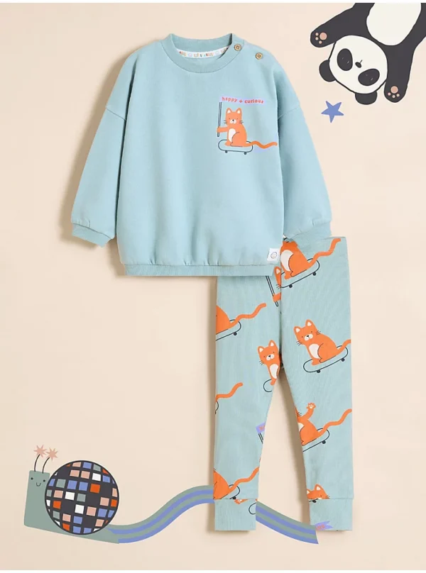 Set Little Angels: Bluze Curious Cat dhe pantallona