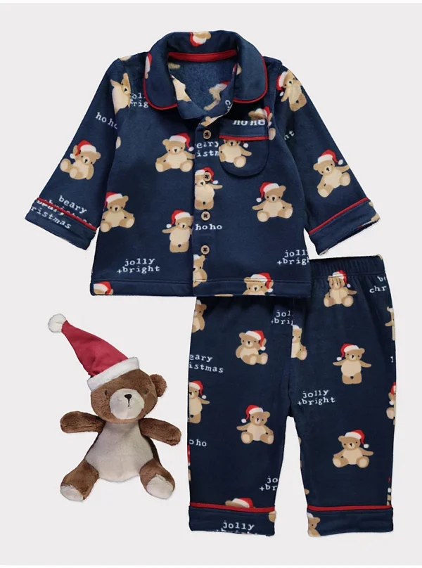 Pizhame të Krishtlindjeve prej fleeci, ngjyrë blu e errët, me ariun Santa dhe lodër