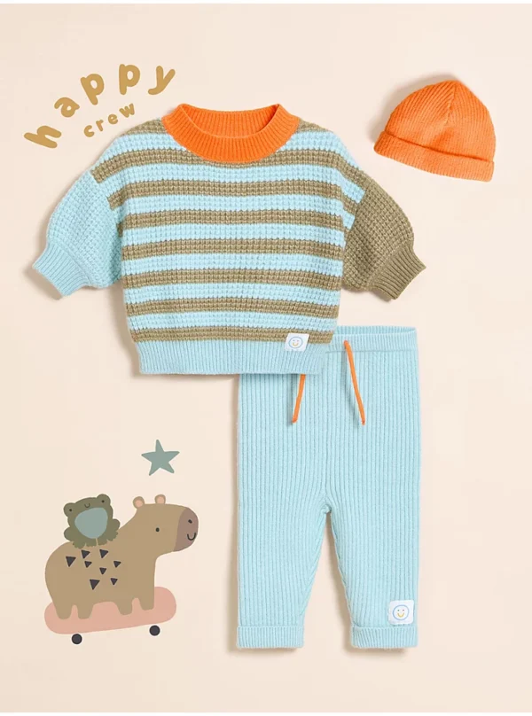 Set fëmijësh Little Angels: Xhup i thurur me rripa, pantallona dhe kapele