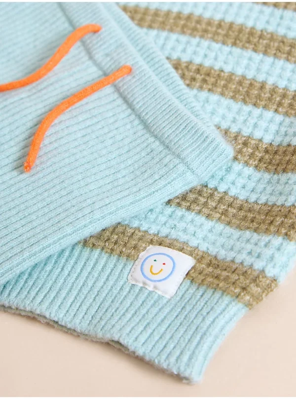 Set fëmijësh Little Angels: Xhup i thurur me rripa, pantallona dhe kapele