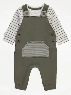 Veshje me dungare kaki dhe bodysuit ribbed