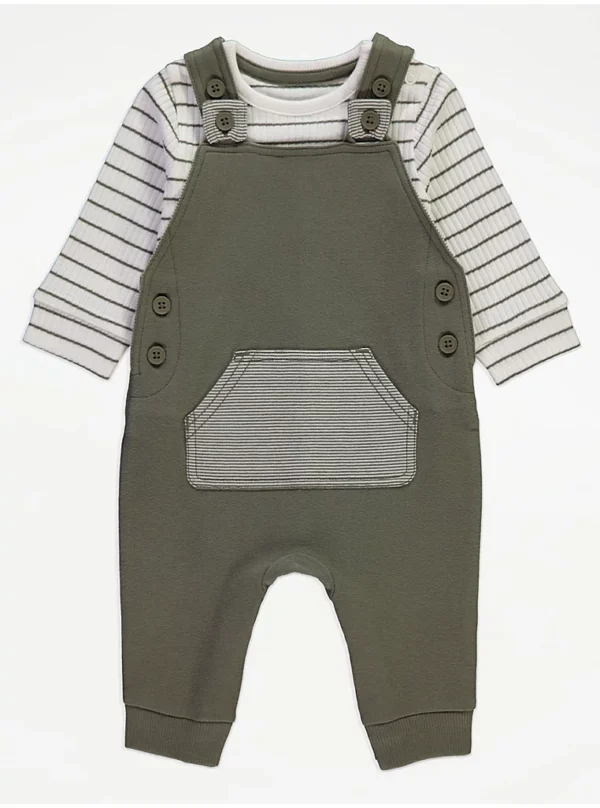 Veshje me dungare kaki dhe bodysuit ribbed