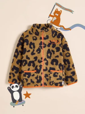 Jaknë prej pelushi Borg me zip – Little Angels, dizajn leopard dhe Happy Crew