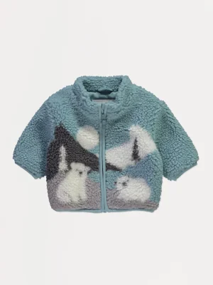 Jakë me zip prej pelushi Borg – Ngjyrë blu, me grafikë të arushës polar