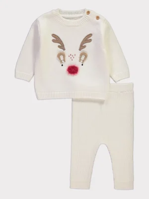 Veshje me pulovër të thurur krem me ren dhe pantallona