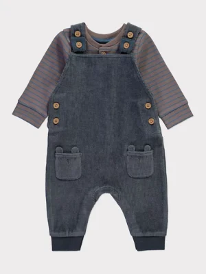 Veshje me bodysuit gri me mëngë të gjata dhe pantallona dungarees me vija