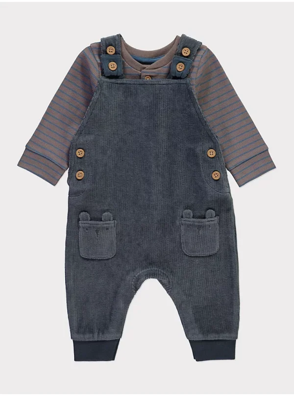 Veshje me bodysuit gri me mëngë të gjata dhe pantallona dungarees me vija