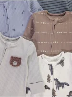 Set me 5 sleepsuit me mëngë të gjata, mbyllje me zingjir dhe dizajne pylli dimëror.