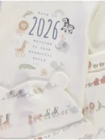 Veshje me bodysuit dhe leggins krem me kapelë ‘Born in 2026’