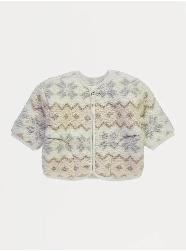 Xhup i trashë pelushi (borg) ngjyrë krem, me model zig-zag “Fairisle” dhe me zinxhir përpara