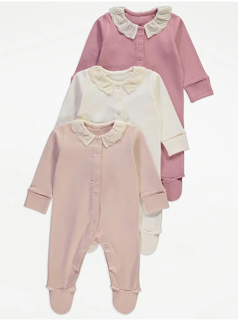 Paketë 3 pizhamesh roze me jakë të qepur broderie