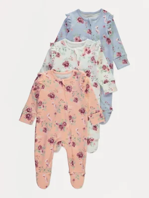 Paketë 3 pizhamesh me lule, frulla në shpatulla dhe mbyllje me zip