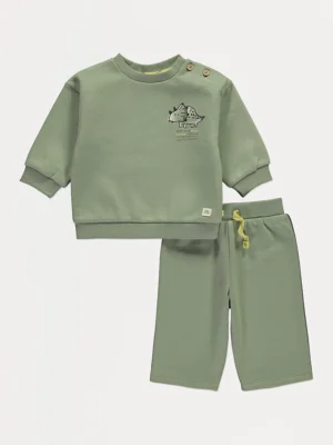 Bluzë sweatshirt dhe joggers ngjyrë khaki me dizajn dinosauri prapa