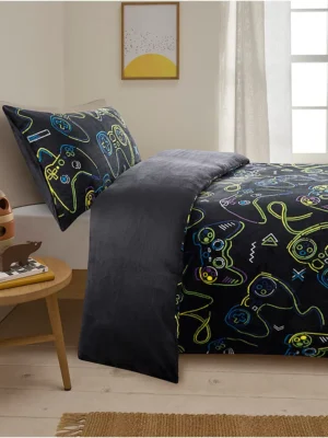 Set mbulesash për dyshek dhe jastëk, i zi, prej paleje të butë (fleece), stil ‘cozy/gaming