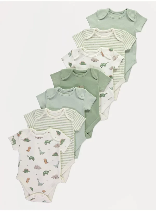 Bodysuit me mëngë të shkurtra me dinosaur të gjelbër – paketë me 7 copë