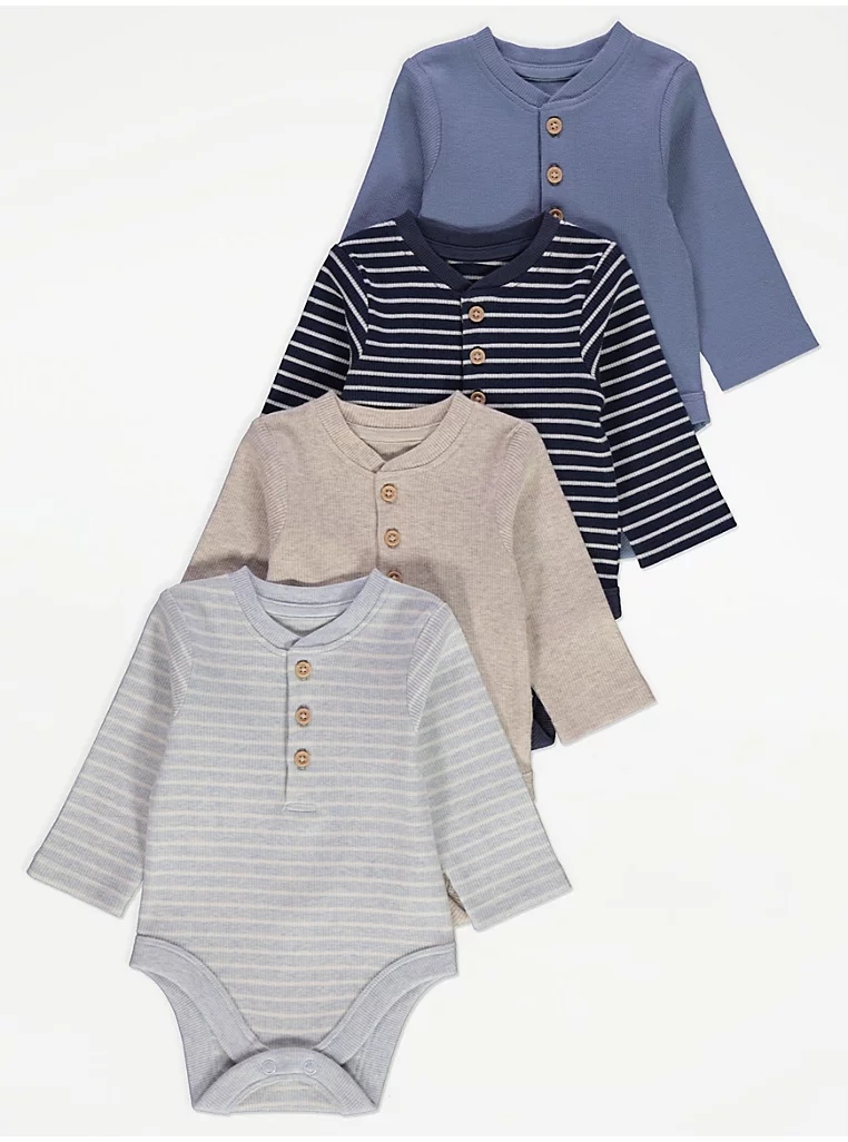 Bodysuit me mëngë të gjata, me vija, me strukturë rib dhe kopsa – paketë me 4 copë