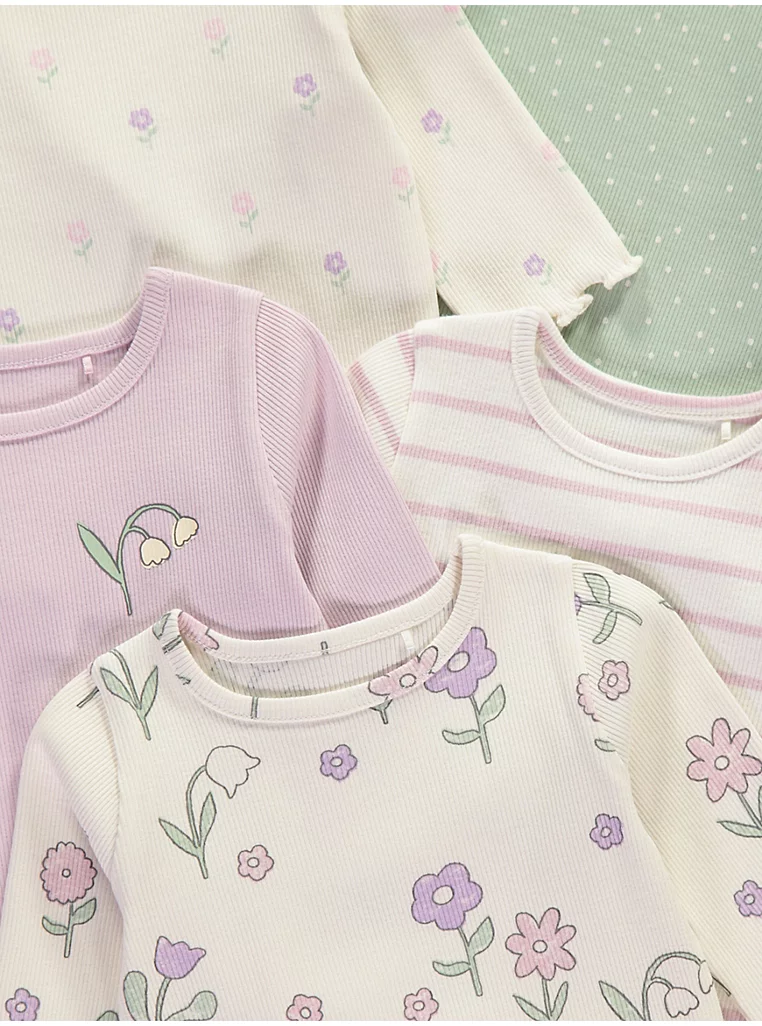 Bluza me mëngë të gjata me motive lulesh dhe vija – paketë prej 5 copësh