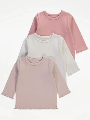 Set me 3 bluza rozë me mëngë të gjata, material ribbed dhe detaj valëzuar në fund