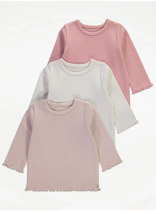 Set me 3 bluza rozë me mëngë të gjata, material ribbed dhe detaj valëzuar në fund