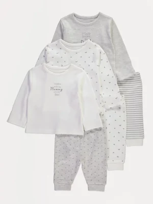 Pizhame Gri “Mami dhe Babi” me Mëngë të Gjata – Paketë me 3 Copë