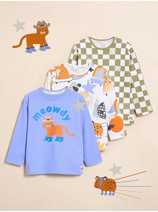 “Paketë 3 maicash me mëngë të gjata për fëmijë ‘Little Angels’ me dizajn kafshe ‘Meowdy’.”